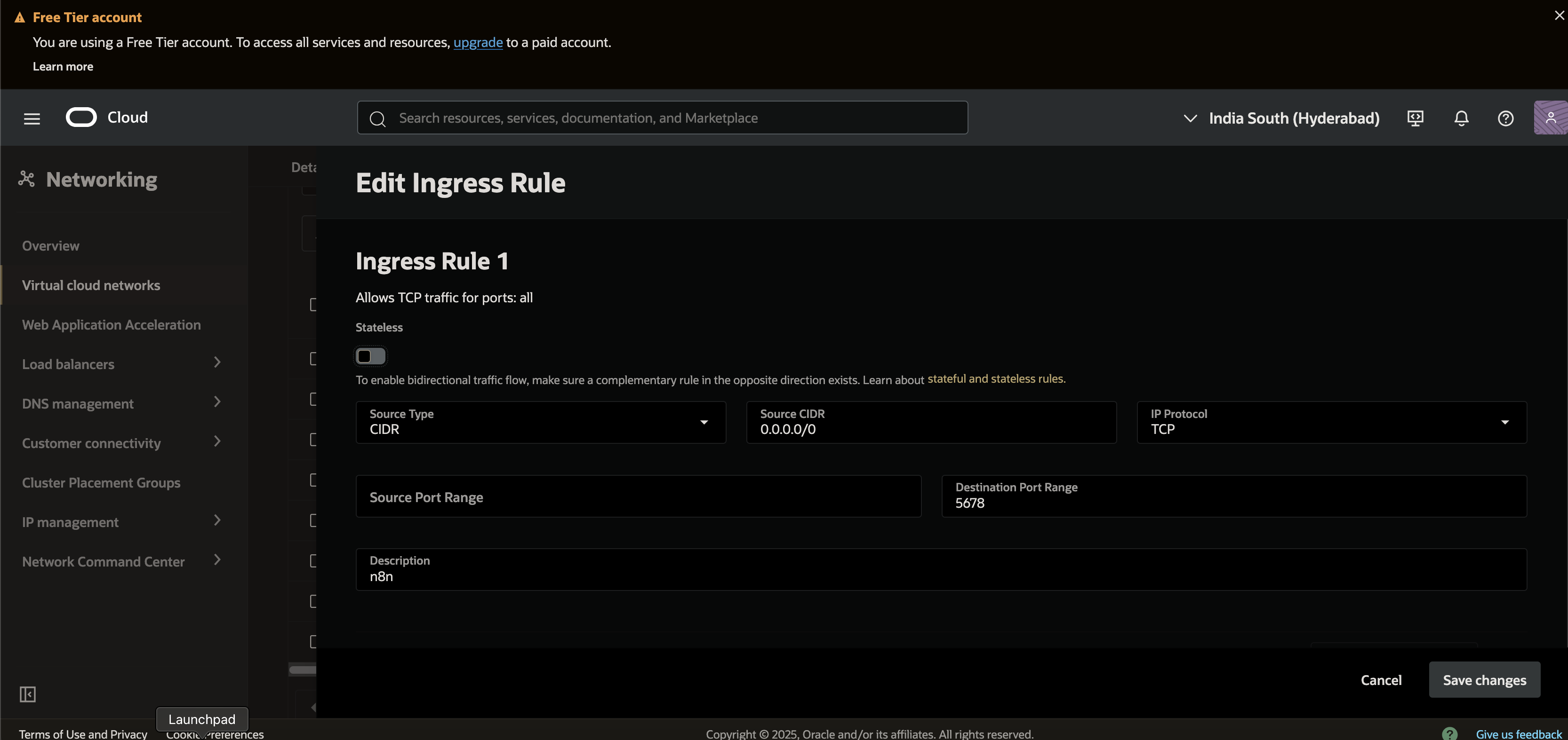 Allowed traffic on port 5678 oracle cloud